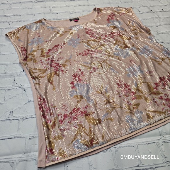 Vince Camuto Womens Sequin Floral Print Top Pink Short Sleeve Blouse Medium - Picture 14 of 16